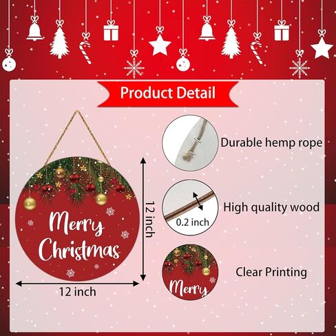 YUNKKIN Christmas Door Decorations Merry Christmas Sign Wall Decor Grass Bells Snowflakes Hanging Sign Wreath Wooden Front Door Hanger for Wall Indoor Home Decorations in Saudi Arabia