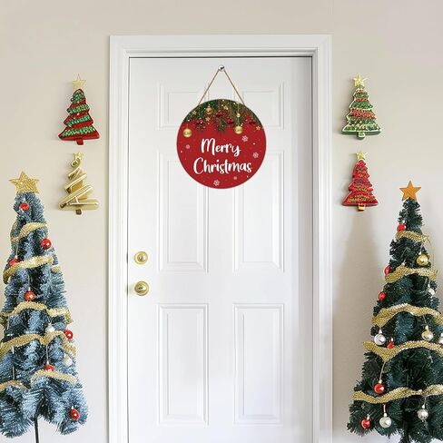 YUNKKIN Christmas Door Decorations Merry Christmas Sign Wall Decor Grass Bells Snowflakes Hanging Sign Wreath Wooden Front Door Hanger for Wall Indoor Home Decorations in Saudi Arabia