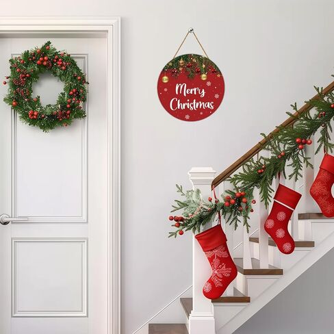 YUNKKIN Christmas Door Decorations Merry Christmas Sign Wall Decor Grass Bells Snowflakes Hanging Sign Wreath Wooden Front Door Hanger for Wall Indoor Home Decorations in Saudi Arabia