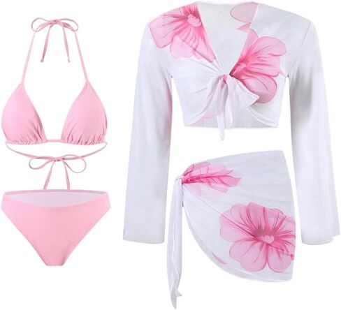 SweatyRocks Bikini Sets for Women 4 Piece Floral Print Halter Triangle Swimsuit Cover Up Sets in Saudi Arabia