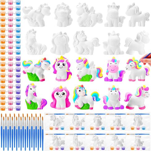 20 Set Unicorn DIY Painting Kit Ceramic to Paint Your Own Unicorn Statues Unpainted Plaster Figurines Brushes Acrylic Paints Bags Arts and Crafts Kits Party Favor for Kids Boys Adults Girls in Kuwait