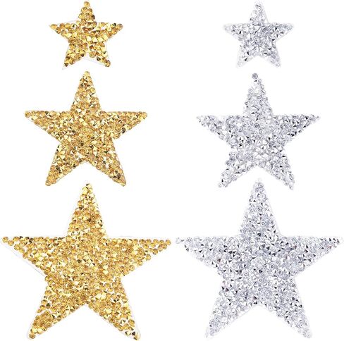6pcs Gold Sparkle Star Rhinestone Patches - Bling Star Iron on & Sew on Decorative Appliques for Dress Shirt, Jeans, Jacket, Bag, Hats, Socks in Saudi Arabia