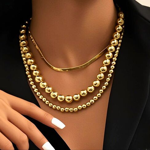 Chunky Gold Balls Beaded Choker Necklaces Set for Women Layered Snake Bone Chain Collar Necklace Hip Hop Statement Necklaces Jewelry Accessories in Saudi Arabia