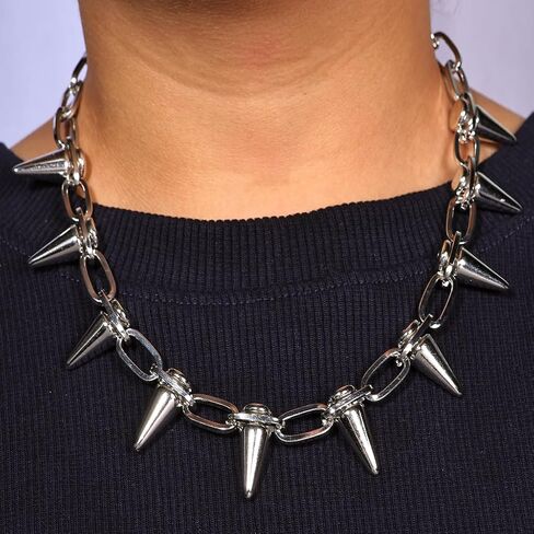 Stainless Steel Spike Chain Necklace for Women | Punk Rock Silver Tone Chunky Choker | Adjustable Statement Necklace | Non-Tarnish Edgy Fashion Jewelry Gift for Her in Saudi Arabia