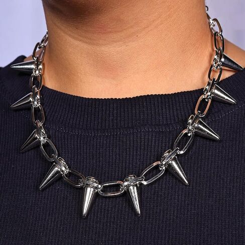 Stainless Steel Spike Chain Necklace for Women | Punk Rock Silver Tone Chunky Choker | Adjustable Statement Necklace | Non-Tarnish Edgy Fashion Jewelry Gift for Her in Saudi Arabia