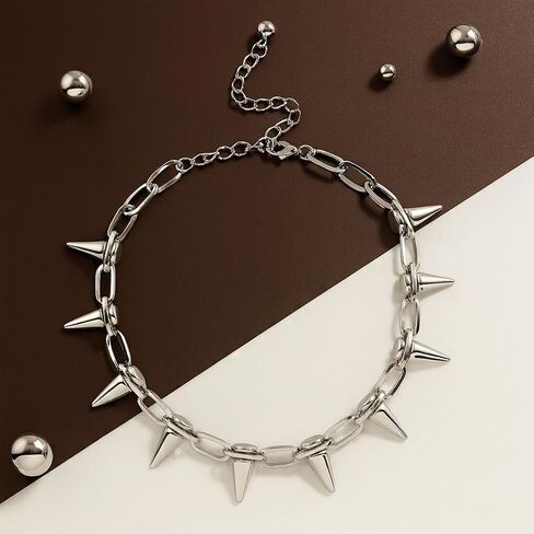 Stainless Steel Spike Chain Necklace for Women | Punk Rock Silver Tone Chunky Choker | Adjustable Statement Necklace | Non-Tarnish Edgy Fashion Jewelry Gift for Her in Saudi Arabia