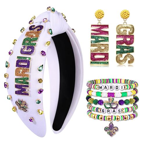Mardi Gras Headbands for Women Fleur De Lis Mask Knotted Headband Dangle Earrings Heishi Bracelets Mardi Gras Accessories Outfits Parade Party Favors Gifts (Pattern D) in Saudi Arabia