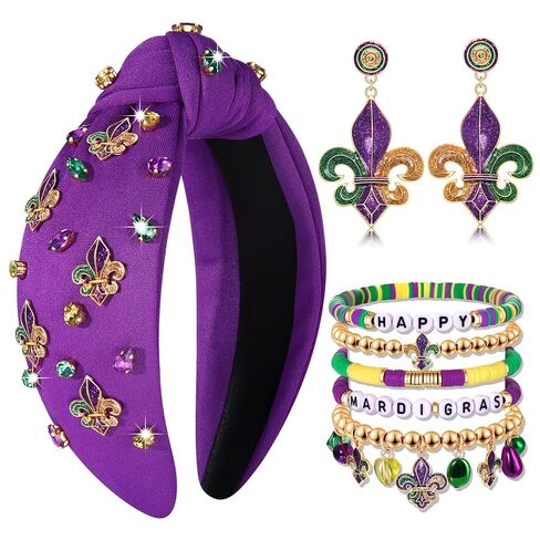 Mardi Gras Headbands for Women Fleur De Lis Mask Knotted Headband Dangle Earrings Heishi Bracelets Mardi Gras Accessories Outfits Parade Party Favors Gifts (Pattern D) in Saudi Arabia