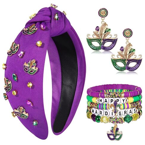 Mardi Gras Headbands for Women Fleur De Lis Mask Knotted Headband Dangle Earrings Heishi Bracelets Mardi Gras Accessories Outfits Parade Party Favors Gifts (Pattern D) in Saudi Arabia