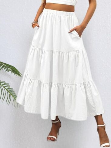 Women’s Summer Boho Flowy Swing Tiered A-Line Maxi Skirt 2025 Fashion Trendy Elastic Waist Pleated Long Beach Dress in Saudi Arabia
