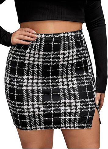 تنورة نسائية منقوشة أنيقة بمقاس كبير من Floerns، تنانير قصيرة ذات خصر عالٍ وفتحة جانبية in Kuwait