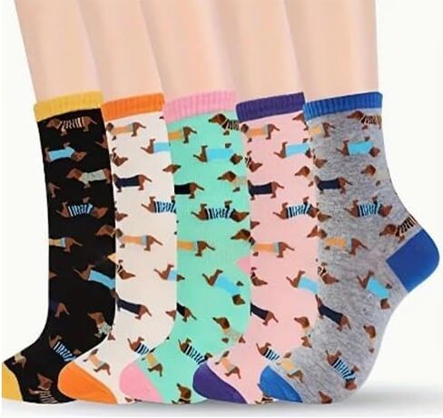 5 Pairs Unisex Dachshund Socks For Dog Lovers, Soft And Comfy Blend, Casual Wear Socks - Colorful Animal Print in Saudi Arabia