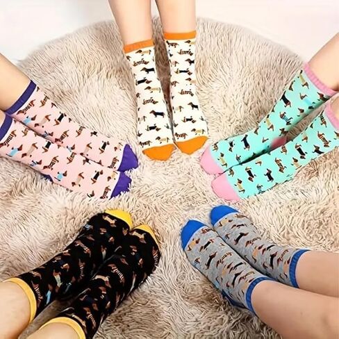 5 Pairs Unisex Dachshund Socks For Dog Lovers, Soft And Comfy Blend, Casual Wear Socks - Colorful Animal Print in Saudi Arabia