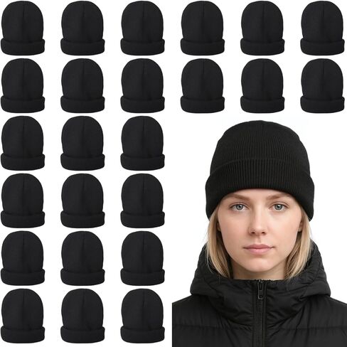 25 Pcs Warm Knit Hats, Black Color Beanie, Winter Autumn Polyester Headwear, Comfortable Winter Beanie Cuffed Caps for Men Women, Indoor Outdoor Activities in Saudi Arabia