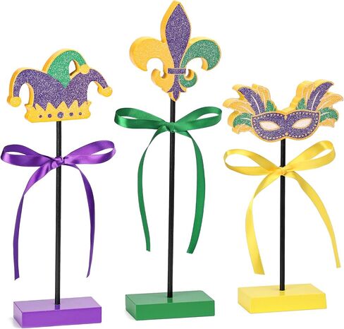 3 Pcs Mardi Gras Table Decorations Wooden Set - Double Sided Glitter Signs with Fleur de Lis, Masquerade Mask & Jester Hat for Table, Tiered Tray, Mantel, Carnival Party Decor in Saudi Arabia