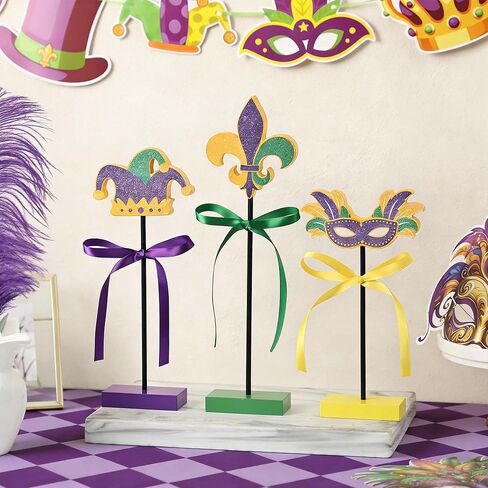 3 Pcs Mardi Gras Table Decorations Wooden Set - Double Sided Glitter Signs with Fleur de Lis, Masquerade Mask & Jester Hat for Table, Tiered Tray, Mantel, Carnival Party Decor in Saudi Arabia