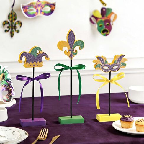 3 Pcs Mardi Gras Table Decorations Wooden Set - Double Sided Glitter Signs with Fleur de Lis, Masquerade Mask & Jester Hat for Table, Tiered Tray, Mantel, Carnival Party Decor in Saudi Arabia