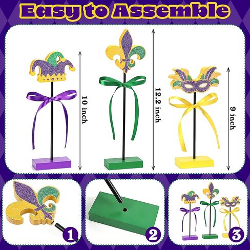 3 Pcs Mardi Gras Table Decorations Wooden Set - Double Sided Glitter Signs with Fleur de Lis, Masquerade Mask & Jester Hat for Table, Tiered Tray, Mantel, Carnival Party Decor in Saudi Arabia