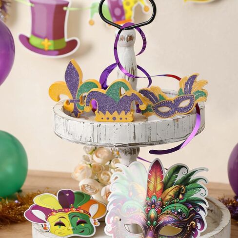 3 Pcs Mardi Gras Table Decorations Wooden Set - Double Sided Glitter Signs with Fleur de Lis, Masquerade Mask & Jester Hat for Table, Tiered Tray, Mantel, Carnival Party Decor in Saudi Arabia