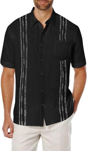 COOFANDY Mens Cuban Linen Shirt Short Sleeve Button Down Shirts Summer Beach Top Black in Kuwait