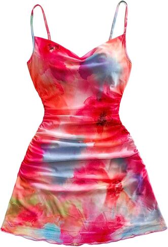 Women's Y2K Floral Tie Dye Mesh Bodycon Dresses Draped Ruched Sleeveless Cami Mini Dress in Saudi Arabia