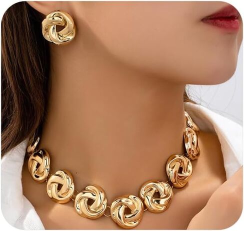 GIGB PBDK Chunky Gold Irregular Knot Necklaces Earrings Set for Women,Vintage Geometric Twisted Flower Stud Earring,Statement Party Jewelry Accessories Gifts in Saudi Arabia