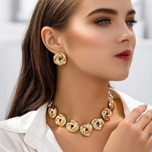 GIGB PBDK Chunky Gold Irregular Knot Necklaces Earrings Set for Women,Vintage Geometric Twisted Flower Stud Earring,Statement Party Jewelry Accessories Gifts in Saudi Arabia