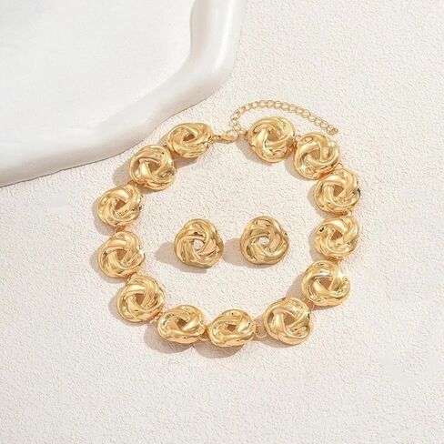 GIGB PBDK Chunky Gold Irregular Knot Necklaces Earrings Set for Women,Vintage Geometric Twisted Flower Stud Earring,Statement Party Jewelry Accessories Gifts in Saudi Arabia