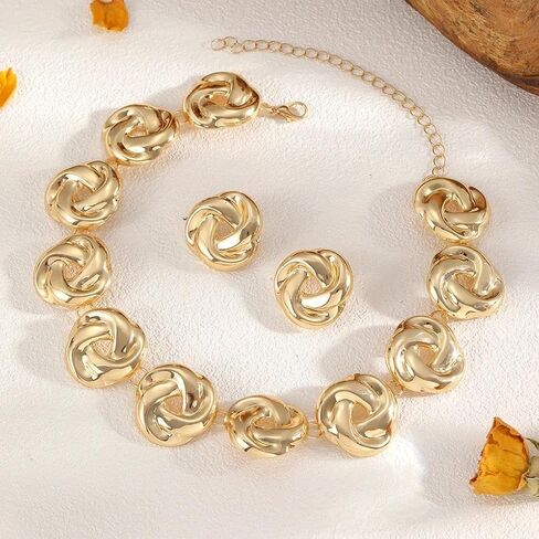 GIGB PBDK Chunky Gold Irregular Knot Necklaces Earrings Set for Women,Vintage Geometric Twisted Flower Stud Earring,Statement Party Jewelry Accessories Gifts in Saudi Arabia
