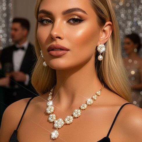 مجموعة مجوهرات الزفاف من Aukmla Pearl مجموعة مجوهرات الزفاف المصنوعة من أحجار الراين اللامعة وقلادة الزفاف ومجموعة مجوهرات للحفلات الراقصة للنساء in Saudi Arabia