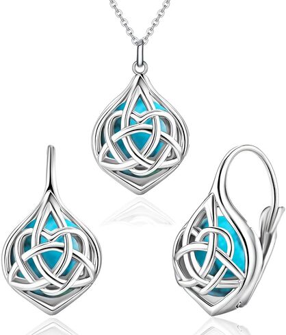 Celtic Knot Turquoise Earrings and Necklace Set for Women Sterling Silver Hypallergenic Leverback Earrings Classic Adjustable Pendant Necklace Jewelry Gifts for Mom Wife in Saudi Arabia