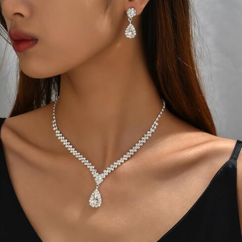 Silver Bridal Necklace Earrings Set, Crystal Wedding Jewelry Set Jewellery Gift Silver, One Size in Saudi Arabia