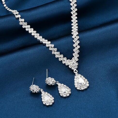 Silver Bridal Necklace Earrings Set, Crystal Wedding Jewelry Set Jewellery Gift Silver, One Size in Saudi Arabia