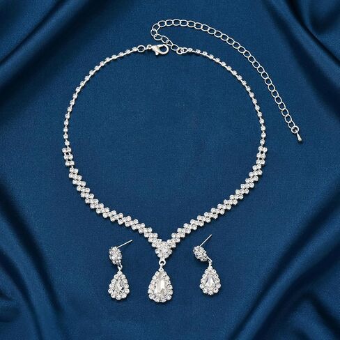 Silver Bridal Necklace Earrings Set, Crystal Wedding Jewelry Set Jewellery Gift Silver, One Size in Saudi Arabia