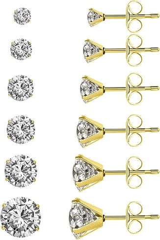 Stainless Steel Stud Earrings Round Clear Cubic Zirconia Ear Studs for Women and Men Sensitive Ears Nickel Free CZ Stud Earrings Set Hypoallergenic Cubic Zirconia Earrings, 6 Pairs in Saudi Arabia