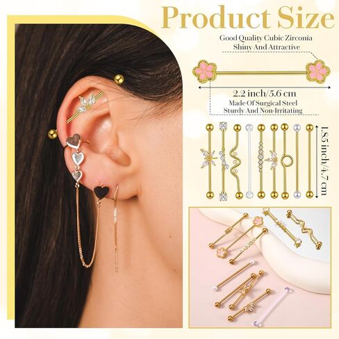 10 Pcs Industrial Piercing Jewelry, Stainless Steel Gold Cartilage Earring Small Hoop Lightweight Stud Earrings Hoop Earrings Set for Women Men in Saudi Arabia