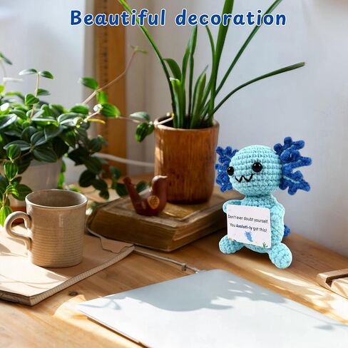 Handmade Crochet Axolotl with Message Card Emotional Support Gift– Uplifting Desk Ornament, Cute Motivational Gift for Friends & Coworkers (Blue) in Saudi Arabia