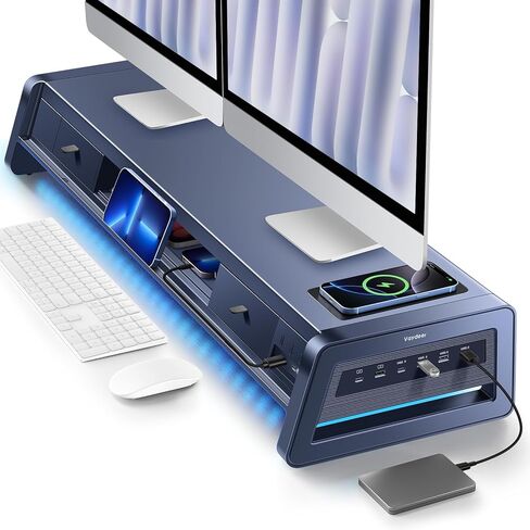 Vaydeer All-in-One Dual Monitor Stand Riser with 2 Drawers, 8USB Ports and Wireless Charging Pad with LED Light Strip for 2 Monitors , Desk Organizer for PC, iMac (Metal, 39.3 inches) in Kuwait