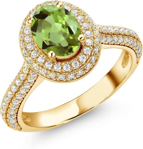 Gem Stone King 18K مطلي بالذهب الأصفر والفضة 8X6MM بيضاوي من الأحجار الكريمة وخاتم الخطوبة هالة مويسانيتي الأبيض | خاتم وعد الذكرى السنوية للزفاف للنساء | الحجم 5،6،7،8،9 in Kuwait