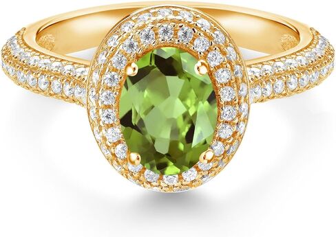 Gem Stone King 18K مطلي بالذهب الأصفر والفضة 8X6MM بيضاوي من الأحجار الكريمة وخاتم الخطوبة هالة مويسانيتي الأبيض | خاتم وعد الذكرى السنوية للزفاف للنساء | الحجم 5،6،7،8،9 in Kuwait