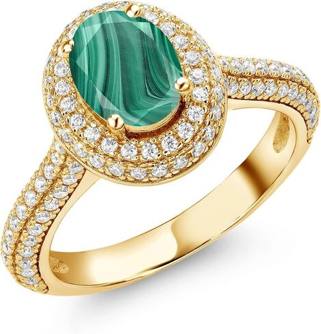Gem Stone King 18K مطلي بالذهب الأصفر والفضة 8X6MM بيضاوي من الأحجار الكريمة وخاتم الخطوبة هالة مويسانيتي الأبيض | خاتم وعد الذكرى السنوية للزفاف للنساء | الحجم 5،6،7،8،9 in Kuwait