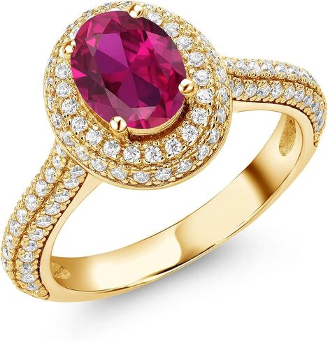 Gem Stone King 18K مطلي بالذهب الأصفر والفضة 8X6MM بيضاوي من الأحجار الكريمة وخاتم الخطوبة هالة مويسانيتي الأبيض | خاتم وعد الذكرى السنوية للزفاف للنساء | الحجم 5،6،7،8،9 in Kuwait