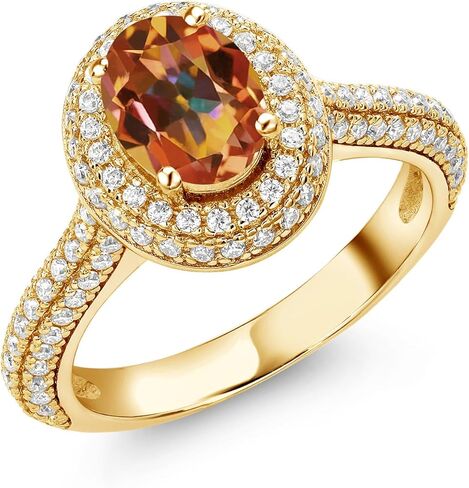 Gem Stone King 18K مطلي بالذهب الأصفر والفضة 8X6MM بيضاوي من الأحجار الكريمة وخاتم الخطوبة هالة مويسانيتي الأبيض | خاتم وعد الذكرى السنوية للزفاف للنساء | الحجم 5،6،7،8،9 in Kuwait