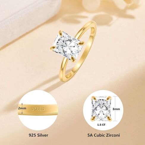 Sterling Silver Engagement Ring, 1.5CT Radiant Cut CZ, Gold Plated, Size 5-9 Gift for Wife for her, Cubic Zirconia, Cubic Zirconia in Saudi Arabia