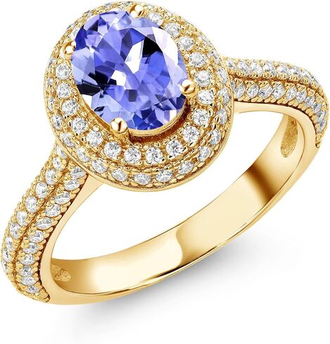 Gem Stone King 18K مطلي بالذهب الأصفر والفضة 8X6MM بيضاوي من الأحجار الكريمة وخاتم الخطوبة هالة مويسانيتي الأبيض | خاتم وعد الذكرى السنوية للزفاف للنساء | الحجم 5،6،7،8،9 in Kuwait