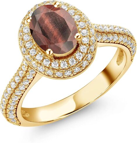 Gem Stone King 18K مطلي بالذهب الأصفر والفضة 8X6MM بيضاوي من الأحجار الكريمة وخاتم الخطوبة هالة مويسانيتي الأبيض | خاتم وعد الذكرى السنوية للزفاف للنساء | الحجم 5،6،7،8،9 in Kuwait