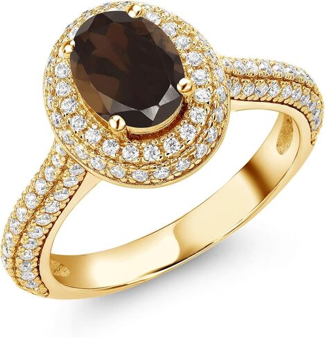 Gem Stone King 18K مطلي بالذهب الأصفر والفضة 8X6MM بيضاوي من الأحجار الكريمة وخاتم الخطوبة هالة مويسانيتي الأبيض | خاتم وعد الذكرى السنوية للزفاف للنساء | الحجم 5،6،7،8،9 in Kuwait