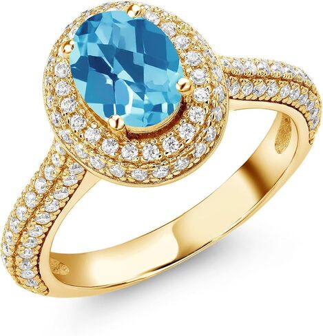 Gem Stone King 18K مطلي بالذهب الأصفر والفضة 8X6MM بيضاوي من الأحجار الكريمة وخاتم الخطوبة هالة مويسانيتي الأبيض | خاتم وعد الذكرى السنوية للزفاف للنساء | الحجم 5،6،7،8،9 in Kuwait