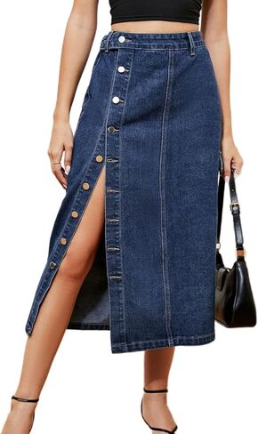 Atditama Women's Twill Cotton Multi-Pocket Cargo Skirt High Rise Elastic Waist Long Denim Skirt with Pockets in Saudi Arabia