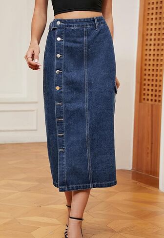 Atditama Women's Twill Cotton Multi-Pocket Cargo Skirt High Rise Elastic Waist Long Denim Skirt with Pockets in Saudi Arabia